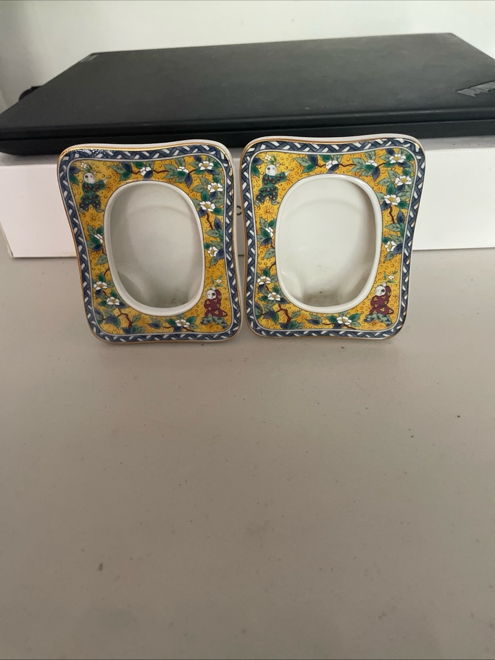 Vintage Takahashi Hand-Painted Yellow Floral Ceramic Photo Frames - Set of 2